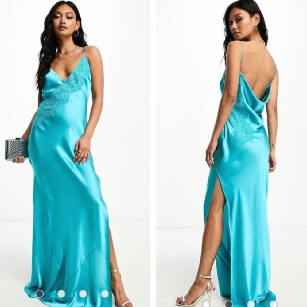 ASOS Satin Cowl Back Cami Slip Maxi Dress with Lace Appliqué in Turquoise size 2